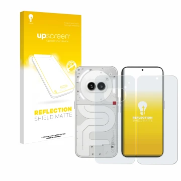 Face avant d’un emballage produit avec le logo de la marque upscreen. À côté, l’appareil Nothing Phone (2a) (Avant+Arrière) es