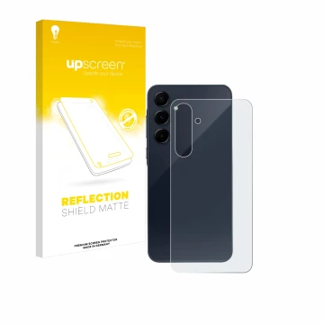 Face avant d’un emballage produit avec le logo de la marque upscreen. À côté, l’appareil Samsung Galaxy A55 5G (Arrière) est r