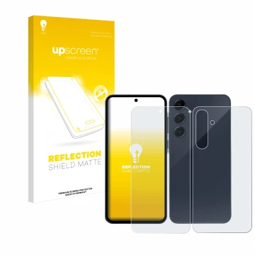 Face avant d’un emballage produit avec le logo de la marque upscreen. À côté, l’appareil Samsung Galaxy A55 5G (Avant+Arrière)