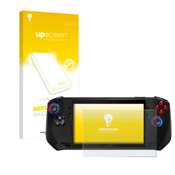 Face avant d’un emballage produit avec le logo de la marque upscreen. À côté, l’appareil MSI Claw A1M est représenté avec la p