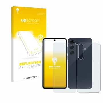 Face avant d’un emballage produit avec le logo de la marque upscreen. À côté, l’appareil Samsung Galaxy A35 5G (Avant+Arrière)