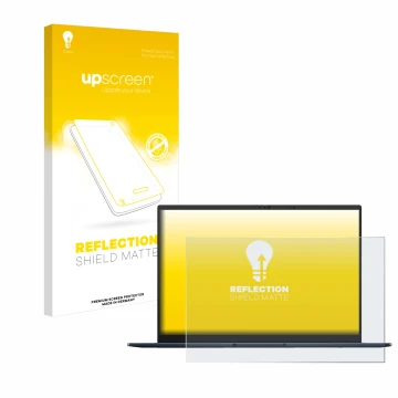 Face avant d’un emballage produit avec le logo de la marque upscreen. À côté, l’appareil ASUS ZenBook 14 OLED UX3405 Non-Touch