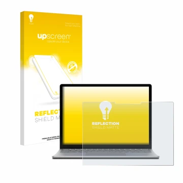 Face avant d’un emballage produit avec le logo de la marque upscreen. À côté, l’appareil Microsoft Surface Laptop 6 15