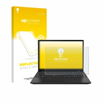 Face avant d’un emballage produit avec le logo de la marque upscreen. À côté, l’appareil Lenovo ThinkPad P16s Gen 2 est représ