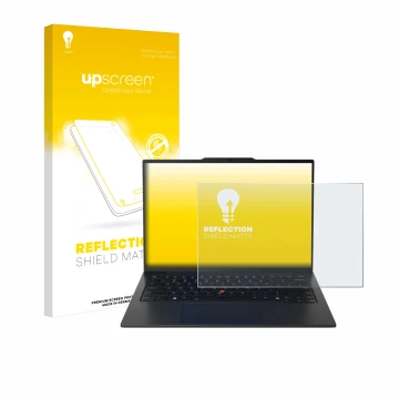 Face avant d’un emballage produit avec le logo de la marque upscreen. À côté, l’appareil Lenovo ThinkPad X1 Carbon Gen 12 14