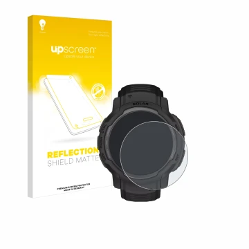 Face avant d’un emballage produit avec le logo de la marque upscreen. À côté, l’appareil Garmin Instinct Crossover Solar est r