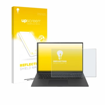 Face avant d’un emballage produit avec le logo de la marque upscreen. À côté, l’appareil LG gram Pro 17 2024 est représenté av