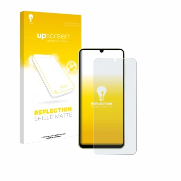 Face avant d’un emballage produit avec le logo de la marque upscreen. À côté, l’appareil Samsung Galaxy A05 est représenté ave