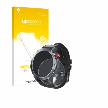 Face avant d’un emballage produit avec le logo de la marque upscreen. À côté, l’appareil Darmowade Smartwatch 1.32