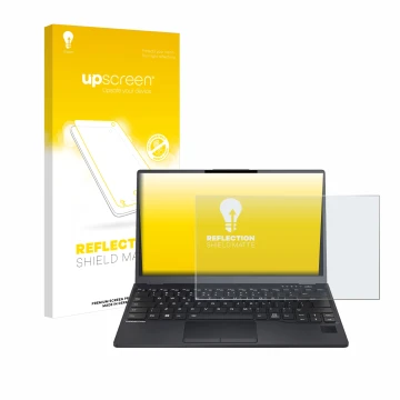 Face avant d’un emballage produit avec le logo de la marque upscreen. À côté, l’appareil Fujitsu Lifebook U9312 est représenté