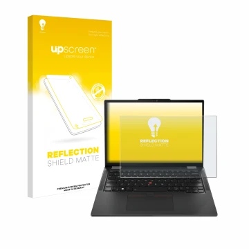 Face avant d’un emballage produit avec le logo de la marque upscreen. À côté, l’appareil Lenovo ThinkPad X13 Gen 5 est représe