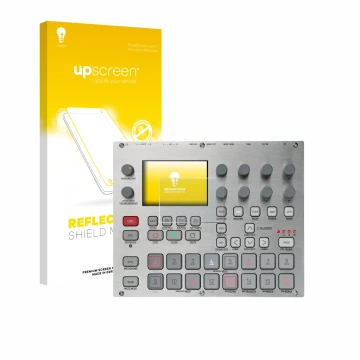 Face avant d’un emballage produit avec le logo de la marque upscreen. À côté, l’appareil Elektron Syntakt E25 Remix Edition es