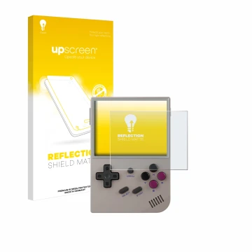Face avant d’un emballage produit avec le logo de la marque upscreen. À côté, l’appareil Anbernic RG35XX Plus est représenté a