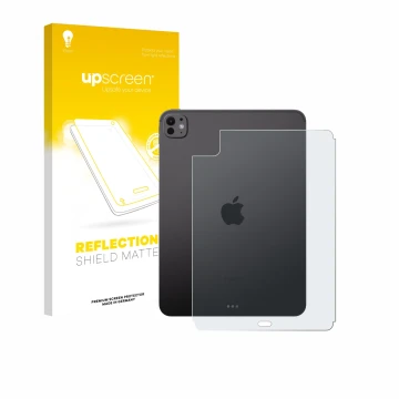 Face avant d’un emballage produit avec le logo de la marque upscreen. À côté, l’appareil Apple iPad Pro 11