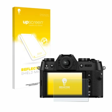 Face avant d’un emballage produit avec le logo de la marque upscreen. À côté, l’appareil Fujifilm X-T50 est représenté avec la