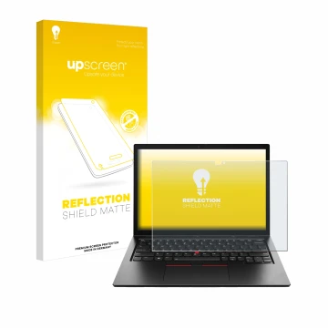 Face avant d’un emballage produit avec le logo de la marque upscreen. À côté, l’appareil Lenovo ThinkPad L13 2-in-1 Gen 5 est 