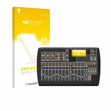 Face avant d’un emballage produit avec le logo de la marque upscreen. À côté, l’appareil Behringer X32 est représenté avec la 