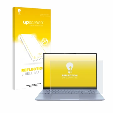 Face avant d’un emballage produit avec le logo de la marque upscreen. À côté, l’appareil ASUS Vivobook S16 OLED S5606 est repr