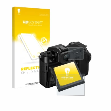 Face avant d’un emballage produit avec le logo de la marque upscreen. À côté, l’appareil Fujifilm GFX100S II (Affichage + affi