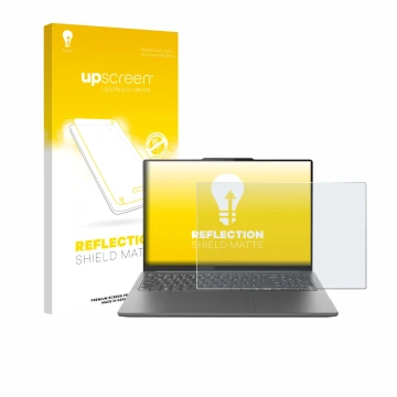 Face avant d’un emballage produit avec le logo de la marque upscreen. À côté, l’appareil Lenovo Yoga Pro 9i Gen 9 16