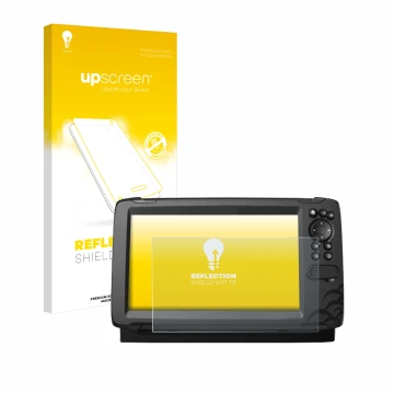 Face avant d’un emballage produit avec le logo de la marque upscreen. À côté, l’appareil Lowrance HOOK Reveal 9 est représenté