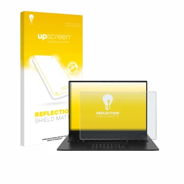 Face avant d’un emballage produit avec le logo de la marque upscreen. À côté, l’appareil ASUS ZenBook 14 OLED UM3406 est repré