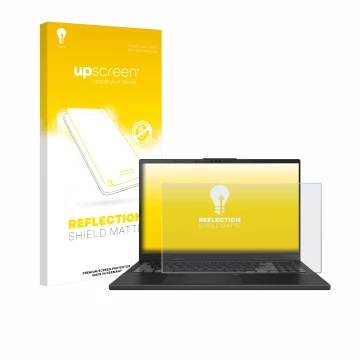Face avant d’un emballage produit avec le logo de la marque upscreen. À côté, l’appareil ASUS VivoBook Pro 15 OLED N6506 est r