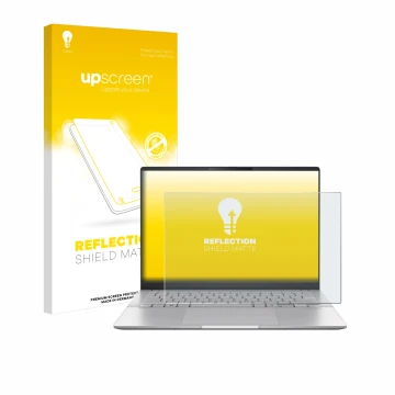 Face avant d’un emballage produit avec le logo de la marque upscreen. À côté, l’appareil ASUS Vivobook S 14 OLED M5406 est rep