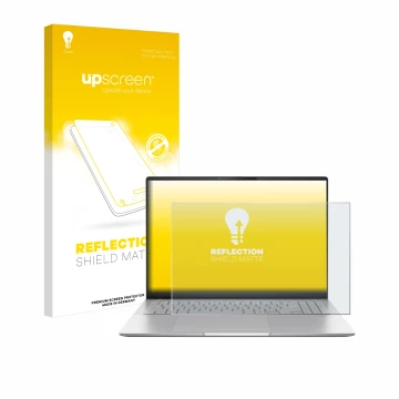 Face avant d’un emballage produit avec le logo de la marque upscreen. À côté, l’appareil ASUS Vivobook S16 OLED M5606 est repr