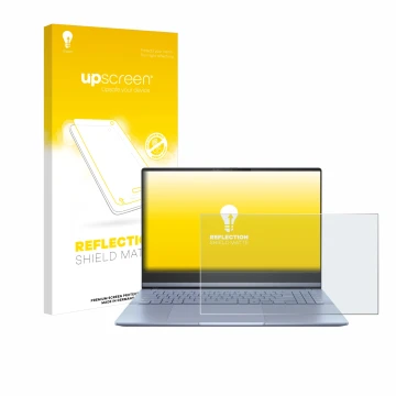 Face avant d’un emballage produit avec le logo de la marque upscreen. À côté, l’appareil ASUS Vivobook S 15 OLED S5506 est rep