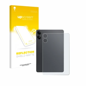 Face avant d’un emballage produit avec le logo de la marque upscreen. À côté, l’appareil Xiaomi Redmi Pad Pro (Arrière) est re