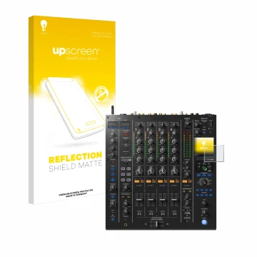 Face avant d’un emballage produit avec le logo de la marque upscreen. À côté, l’appareil Pioneer DJM A9 est représenté avec la