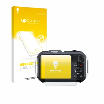 Face avant d’un emballage produit avec le logo de la marque upscreen. À côté, l’appareil Ricoh Pentax WG-1000 est représenté a