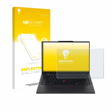 Face avant d’un emballage produit avec le logo de la marque upscreen. À côté, l’appareil Lenovo ThinkPad T14s Gen 6 est représ