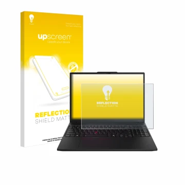 Face avant d’un emballage produit avec le logo de la marque upscreen. À côté, l’appareil Lenovo ThinkPad P16s Gen 3 est représ