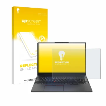 Face avant d’un emballage produit avec le logo de la marque upscreen. À côté, l’appareil Lenovo ThinkPad E16 Gen 2 est représe
