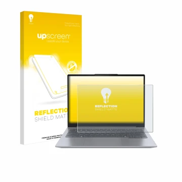 Face avant d’un emballage produit avec le logo de la marque upscreen. À côté, l’appareil Lenovo ThinkBook 14 Gen 7 est représe