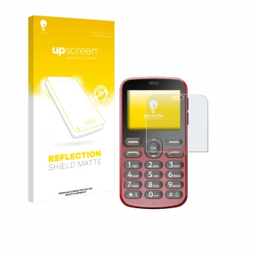 Face avant d’un emballage produit avec le logo de la marque upscreen. À côté, l’appareil Doro 1880 est représenté avec la prot