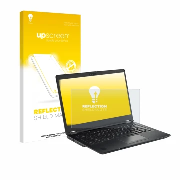 Face avant d’un emballage produit avec le logo de la marque upscreen. À côté, l’appareil Fujitsu Lifebook U7410 est représenté