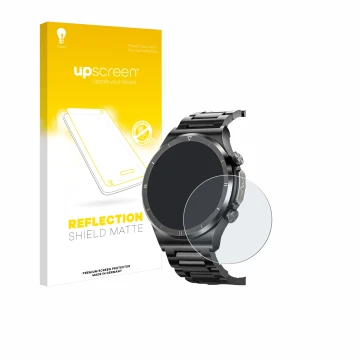 Face avant d’un emballage produit avec le logo de la marque upscreen. À côté, l’appareil Powerwill Smartwatch 1.39