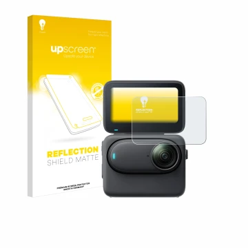 Face avant d’un emballage produit avec le logo de la marque upscreen. À côté, l’appareil Insta360 Go 3S est représenté avec la