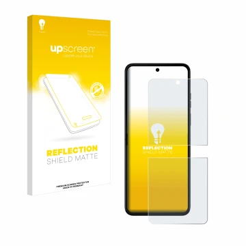 Face avant d’un emballage produit avec le logo de la marque upscreen. À côté, l’appareil Motorola Razr 50 est représenté avec 
