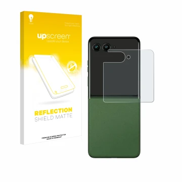 Face avant d’un emballage produit avec le logo de la marque upscreen. À côté, l’appareil Motorola Razr 50 (Affichage arrière) 