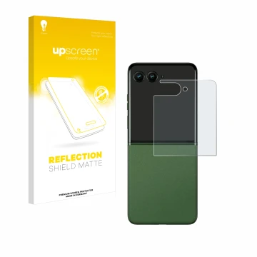 Face avant d’un emballage produit avec le logo de la marque upscreen. À côté, l’appareil Motorola Razr 50 Ultra (Affichage arr