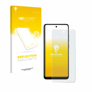 Face avant d’un emballage produit avec le logo de la marque upscreen. À côté, l’appareil Motorola Moto E14 est représenté avec