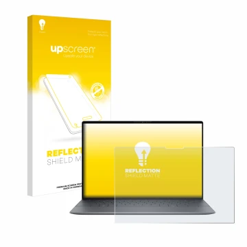 Face avant d’un emballage produit avec le logo de la marque upscreen. À côté, l’appareil Dell XPS 13 9345 est représenté avec 