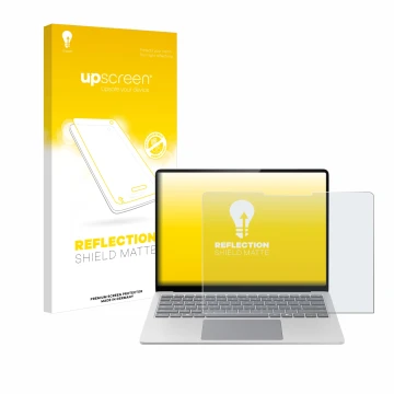 Face avant d’un emballage produit avec le logo de la marque upscreen. À côté, l’appareil Microsoft Surface Laptop 7 13.8