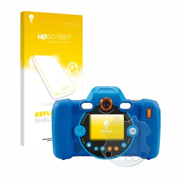Face avant d’un emballage produit avec le logo de la marque upscreen. À côté, l’appareil Vtech Kidizoom Duo FX est représenté 