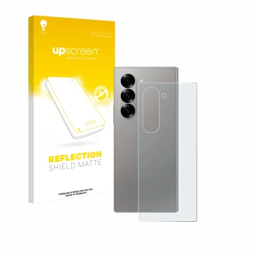 Face avant d’un emballage produit avec le logo de la marque upscreen. À côté, l’appareil Samsung Galaxy Z Fold 6 5G (Arrière) 