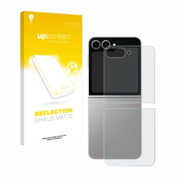 Face avant d’un emballage produit avec le logo de la marque upscreen. À côté, l’appareil Samsung Galaxy Z Flip 6 (Arrière) est